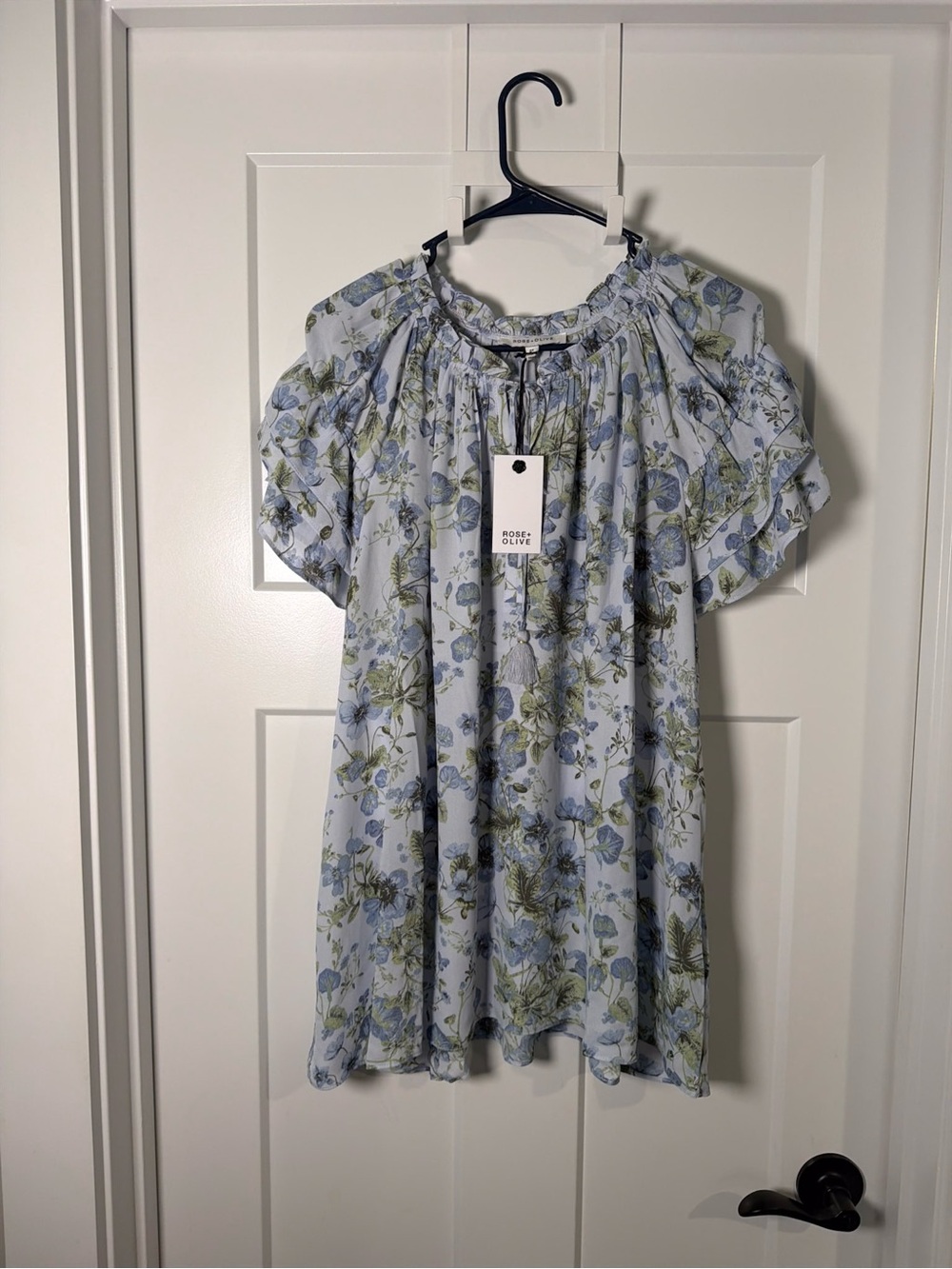 Rose & Olive Blue and Green Floral Ruffle-Sleeve Dress